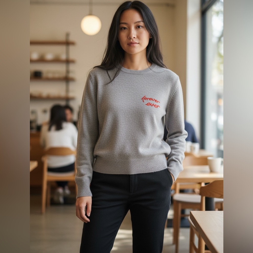 A Love A Cashmere Wool Graphic Sweater Gray Soft Crewneck Lightweight - Picture 8 of 8